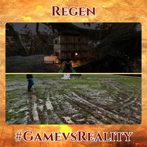 Zwei horizontal geteilte Bilder. 

Oben ein Screenshot aus dem Spiel Smallland. Ein aus Holz gebautes Holz steht im Regen in einer Astgabel.

Unten ein Foto einer matschigen Wiese im Regen.

Über den Bildern steht das Wort Regen, unter den Bildern der Hashtag #GamevsReality.