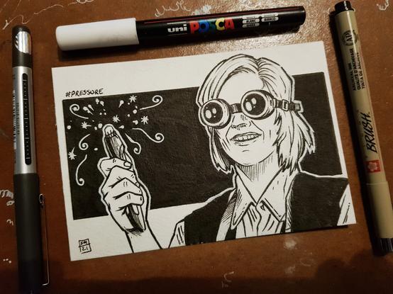A photo of my ink drawing on a postcard. The 13th Doctor stands on the right side of the image. She is still in the 12th Doctors outfit. She is wearing welding googles and is holding up her new Sonic Screwdriver made with ingenuity and some shefield steel spoons. She has a slightly goofy look as sparks pop and swirl from the newly made sonic.