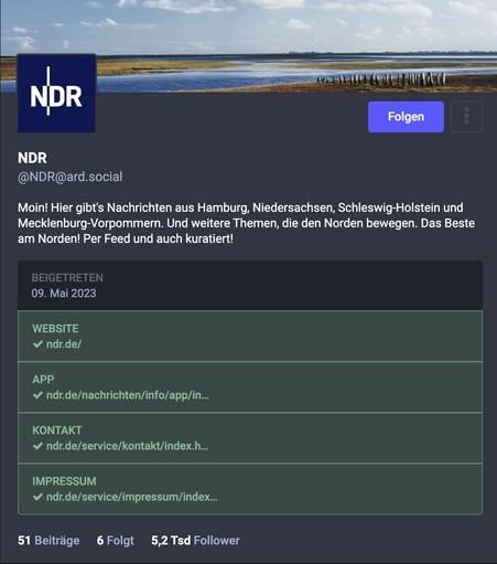 Screenshot des Mastodon Profils des NDR. Die Links sind als verifiziert gekennzeichnet.