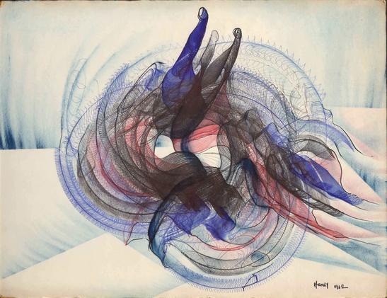 Oscillating drawing in blue red and black ink, created by a drawing machine in 1962 by Desmond Paul Henry