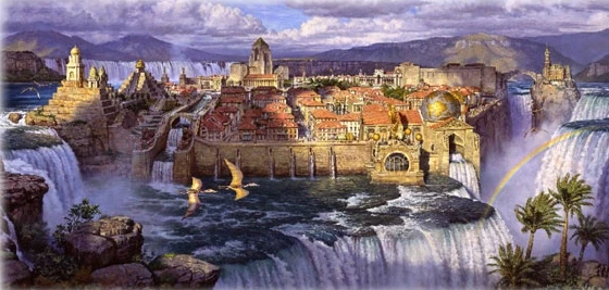 Waterfall City from the Dinotopia series. A large, ancient-looking city is surrounded by waterfalls as two pteranodons fly in the foreground.