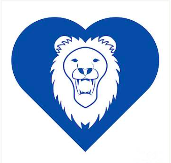 Our lion mascot is shown inside of a blue heart.