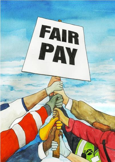Drawing showing essential workers holding a placard saying: "FAIR PAY"
Artwork by Darren Cullen