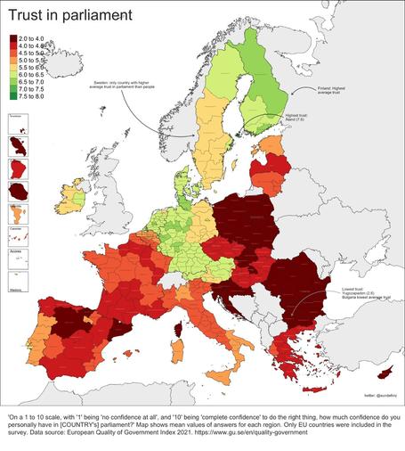 Map showing where people trust Parliament – high in Germany and northern Europe and Ireland, lowest in eastern Europe. UK isn't included.