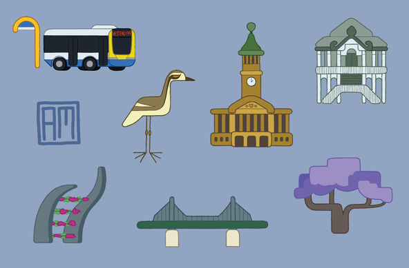 A series of little blocky illustrations of all things Brisbane. A yellow and blue bus, a curlew, the town hall, sandstone with a green topped spire roof. An old grey queenslander. The arbor display at south bank. THe story bridge. A jacaranda tree.