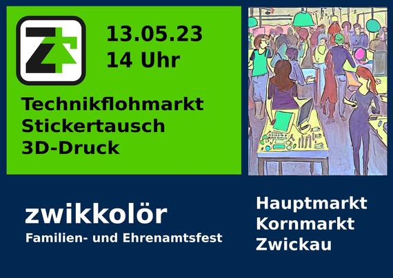 Grafik zu unseren Angeboten beim zwikkolör: Technikflohmarkt, Stickeraustausch, 3D-Druck