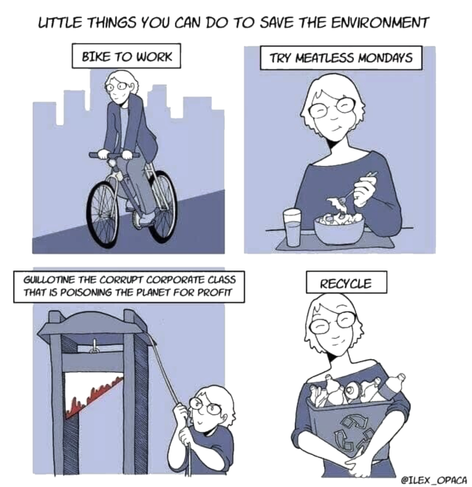 Four-panel cartoon drawing shows a middle-aged white woman doing these four things...
LITTLE THINGS YOU CAN DO TO SAVE THE ENVIRONMENT 
1. Bike to work.
2. Try meatless Mondays.
3. Guillotine the corrupt corporate class that is poisoning the planet for profit.
4. Recycle.