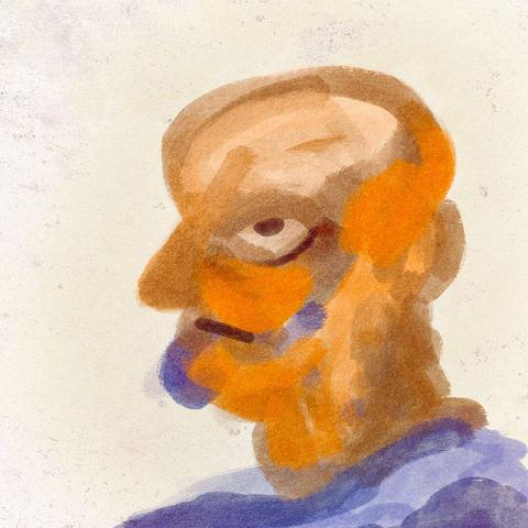 Brush-stroke illustration of the head of a balding old man with a mean grimace look on his face, warm colours