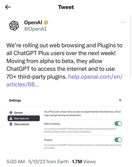 We’re rolling out web browsing and Plugins to all ChatGPT Plus users over the next week! Moving from alpha to beta, they allow ChatGPT to access the internet and to use 70+ third-party plugins.