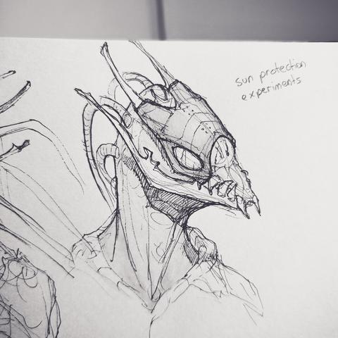 a sketch of the same creature, but with something like a mask over its head and eyes. next to it is a text that says "sun protection experiments".