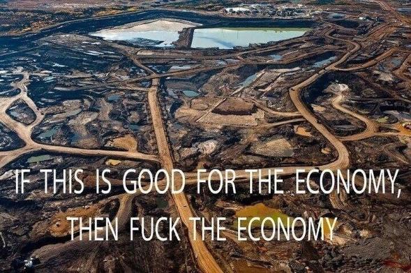 Ilmakuva avohakatusta luonnosta, joka on kynnetty aivan vereslihalle, 'suonina' metsäkoneiden jättämät lukemattomat urat. Päällä teksti: "Jos talous vaatii tätä, painukoon talous v**uun!"