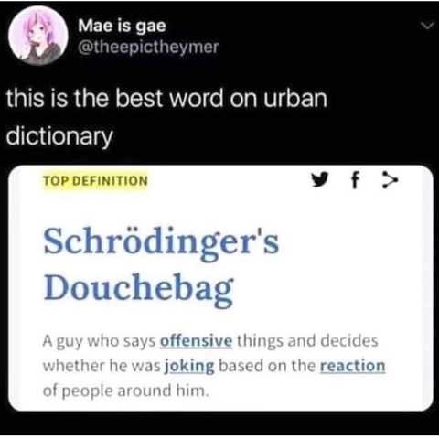 Mae is gae @theepictheymer this is the best word on urban dictionary TOP DEFINITION ソ> Schrödinger's Douchebag A guy who says offensive things and decides whether he was joking based on the reaction of people around him.