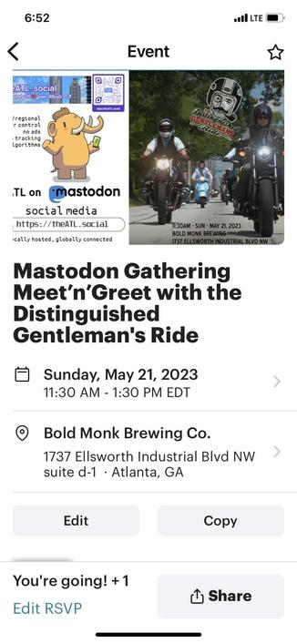 Screenshot of the Mastodon Meetup for theATL.social at the Distinguished Gentleman’s Ride