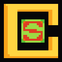 A yellow C with a green box inside it that has a red S on it.