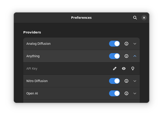 The new preferences window of Imaginer with the ability to save API credentials and to enable/disable provider