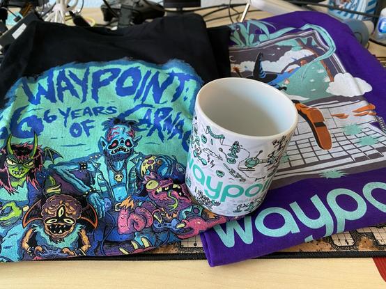 Two t-shirts and a mug. Waypoint, 6 years of carnage.