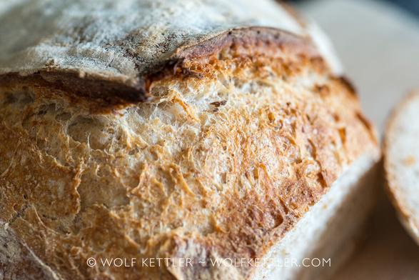 Close-up of the golden crust of a rustic country bread.