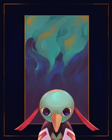 Xatu in front of an abstract painting