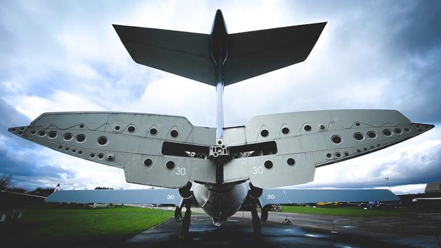 Closeup wide angle view of the tail plane and open air brake of a Blackburn Buccaneer Royal Navy aircraft carrier based Cold War jet, at Newark Air Museum.