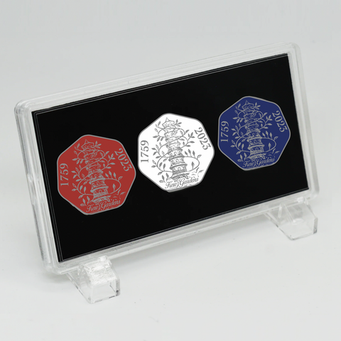 Kew Gardens 50p Shaped Set of 3 in a frame. Coloured; Red, White and Blue to commemorate King Charles III's Coronation this year.