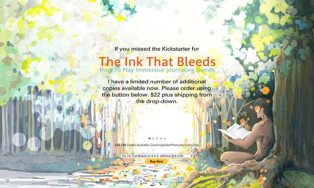 A screenshot of the order page for The Ink That Bleeds, showing the lovely cover art by Carrie Alyson of a person writing in a journal by a sun dappled forest lake.