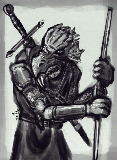 A monochrome Gouache style painting of an old Dragonborn fighter