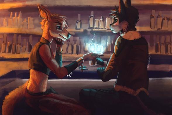 A lushly rendered painting of a kangaroo seducing a bobcat in a sci-fi bar