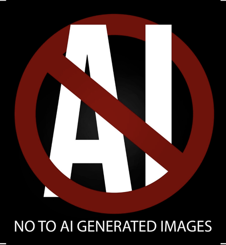 The letters AI encircled with a line through them and the text "NO TO AI GENERATED IMAGES"
