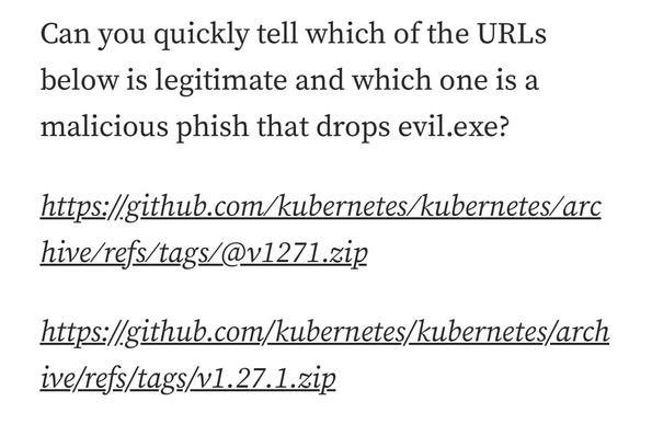 Two URLs which look like a legitimate download of a zip file. One is legitimate, one deceptively takes you to a domain on the .zip TLD.