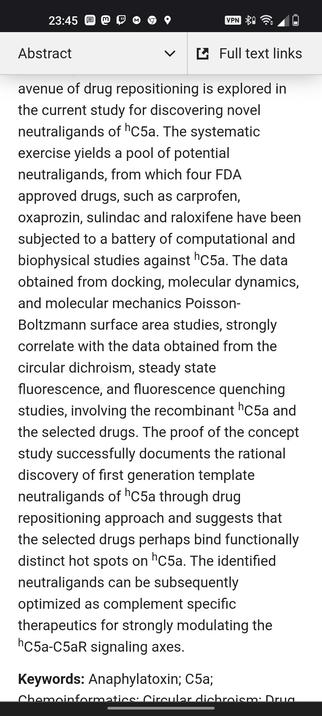 A snapshot from a research paper identifying carpofen/rimadyl as a neutralizing ligand of the anaphylaxatoxin C5a.  Carpofen is FDA approved for use as an OTC NSAID.