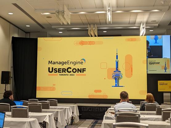 A screen showing the logo and name of the ManageEngine UserConf 2023 in Toronto, Canada
