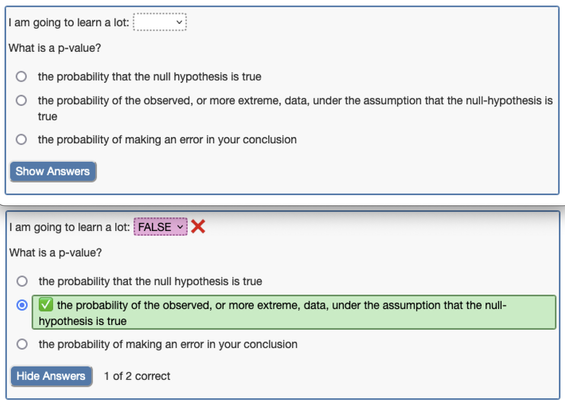 Checked quiz interface, showing questions before and after clicking on a button labelled "Show Answers"
