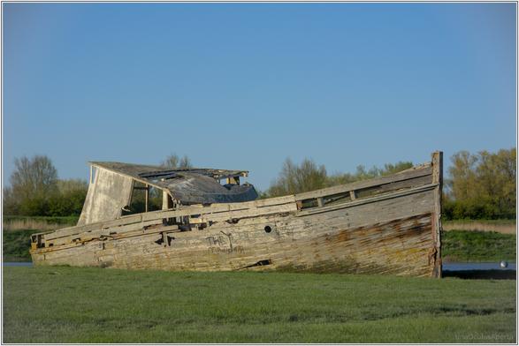 A colour photograph of an wreck of a boat marooned on a grass bank at Highbridge, Somerset, UK. The top half of the image is blue sky. the lower bottom quarter is green grass and the upper bottom quarter is of the wreck itself - which is weather stripped back to the wood with collapsed cabin and the vessel is full of holes.