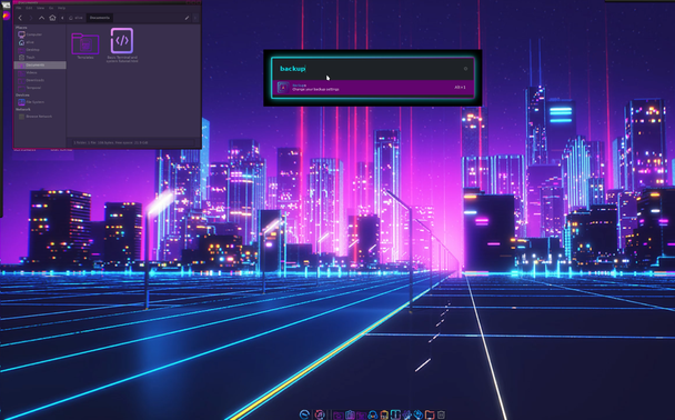 Screenshot of dark themed purple/blue desktop with neon highlights.