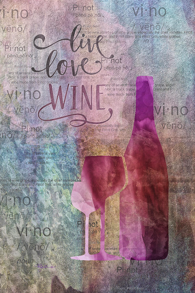 Digital art of wine bottle and glass silhouette in burgundy with a textured blue and earthy background. Text on imaahr reads Live Love Wine