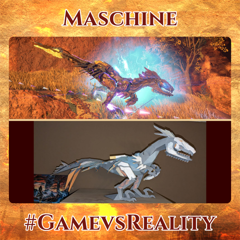 Zwei horizontal geteilte Bilder.

Oben ein Krallenschreiter aus dem Spiel Horizon Forbidden West. Die Maschine erinnert an einen Raptor.

Unten dieselbe Maschine als gebasteltes Modell aus farbigem Papier.

Über den Bildern steht das Wort Maschine, unter den Bildern der Hashtag #GamevsReality.