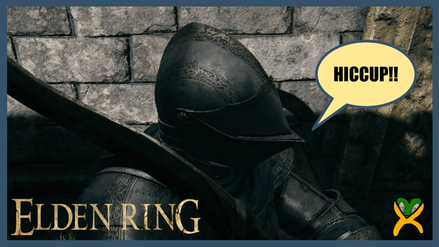An armoured warrior, shown from the chest up, faces the right side of the thumbnail holding a curved greatsword in both hands over their right shoulder. They stand in front of a stone brick wall, with indications of border embellishment on the right side. A speech bubble pointed towards their mouth reads: "HICCUP!!" in IMPACT font. The Elden Ring and Kabbaway logos are featured in the bottom corners, and the thumbnail is framed by a bluish-grey border.