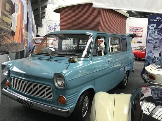 Blue Ford Transit Mk1 camper conversion with raised white roof. Canterbury Savannah (?)