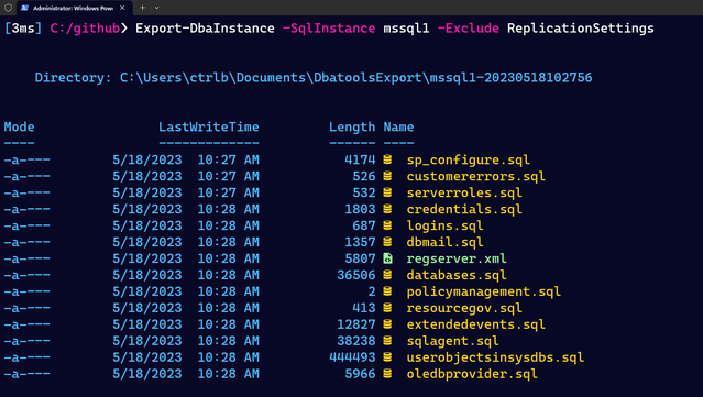 A screenshot of the output of Export-DbaInstance, which produces a bunch of files related to SQL Server