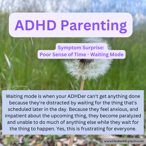 Background image is of a dandelion. 
Text: ADHD Parenting. Symptom Surprise: Poor Sense of Time - Waiting Mode. Waiting mode is when your ADHDer can't get anything done because they're distracted by waiting for the thing that's scheduled later in the day. Because they feel anxious, and impatient about the upcoming thing, they become paralyzed and unable to do much of anything else while they wait for the thing to happen. Yes, this is frustrating for everyone. 
Graphic is my own: www.ElizabethRynecki.com