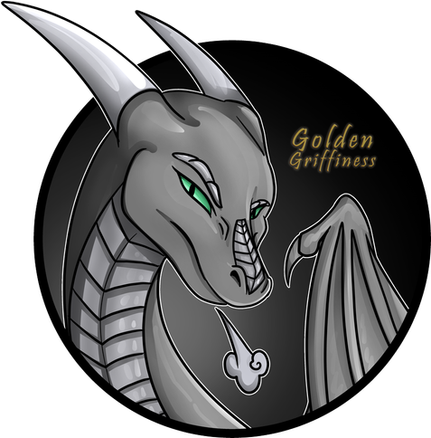 round portrait. greyscale bust of a smooth scaled dragon, looking at the viewer with an unhappy look, huffing/exhaling hard. They have scales on their nose bridge, as eyebrows, and down the front of their neck. Two horns protrude out the back of their head and you can see the top of a wing on the right side. Watermark reads "GoldenGriffiness"