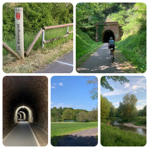 Collage of photos of the path, crossing 50 degree latitude, river Lieser, Holzmaar, approaching a tunnel, riding through a tunnel