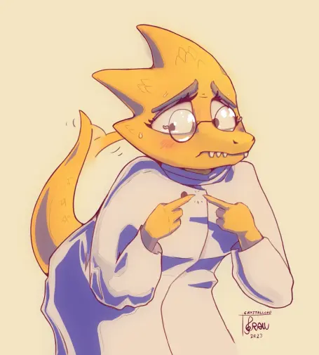 Alphys from Undertale making the shy finger pointing expression.