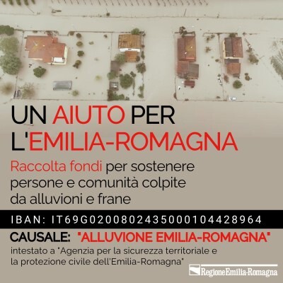 Image showing the aftermath of the flooding that affected Emilia-Romagna (Italy) along with information on how to donate money to the help the victims