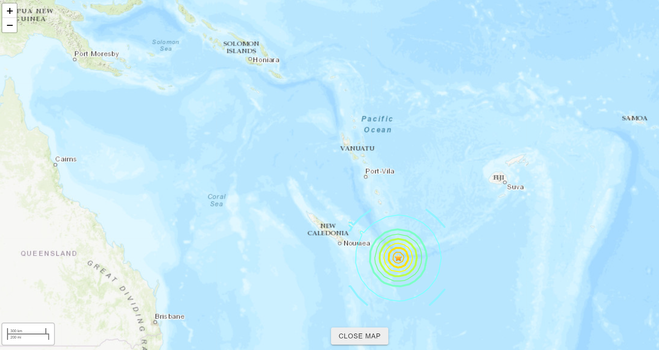 Mapa del Pacífico Sur, con la localicación del terremoto de magnitud 7.7 del 19 de mayo de 2023