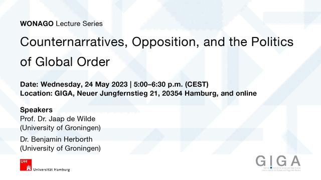 Visual for the WONAGO Lecture "Counternarratives, Opposition, and the Politics of Global Order" by Prof. Dr. Jaap de Wilde and Dr. Benjamin Herborth (University of Groningen) on Wednesday, 24 May 2023 | 5:00 p.m. (CEST) at the GIGA in Hamburg or online.