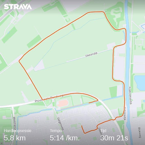 Kaart met een deel van Zevenbergen en het buitengebied ten noorden van Zevenbergen zichtbaar. Mijn hardlooprondje van 30 minuten (5,8 kilometer) is met een oranje lijn op de kaart getekend.