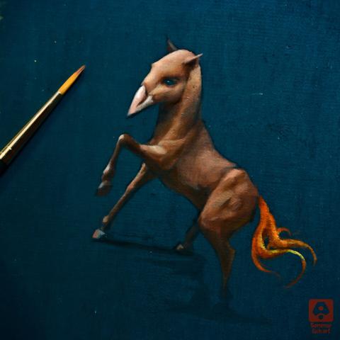 oil painting of a brown horse with a bird head and a fire tail.