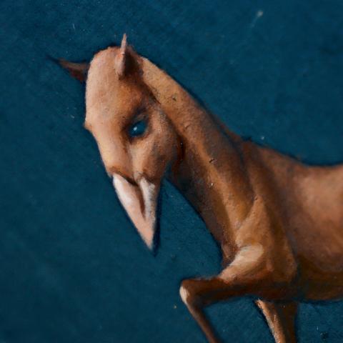 close up photo of a oil painting of a brown horse with a bird head and a fire tail.