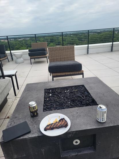 NY strip steak fresh off the grill, with an empty can of ale, a formerly full can of stout, a Kindle, and a view of the James River